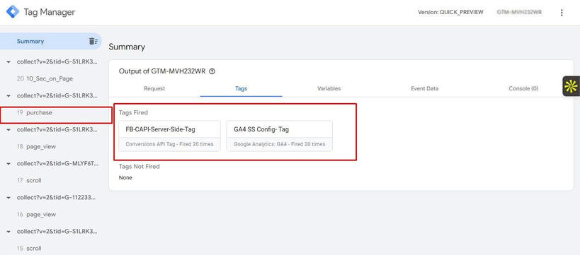 Purchase event verified on the checkout completion step.
