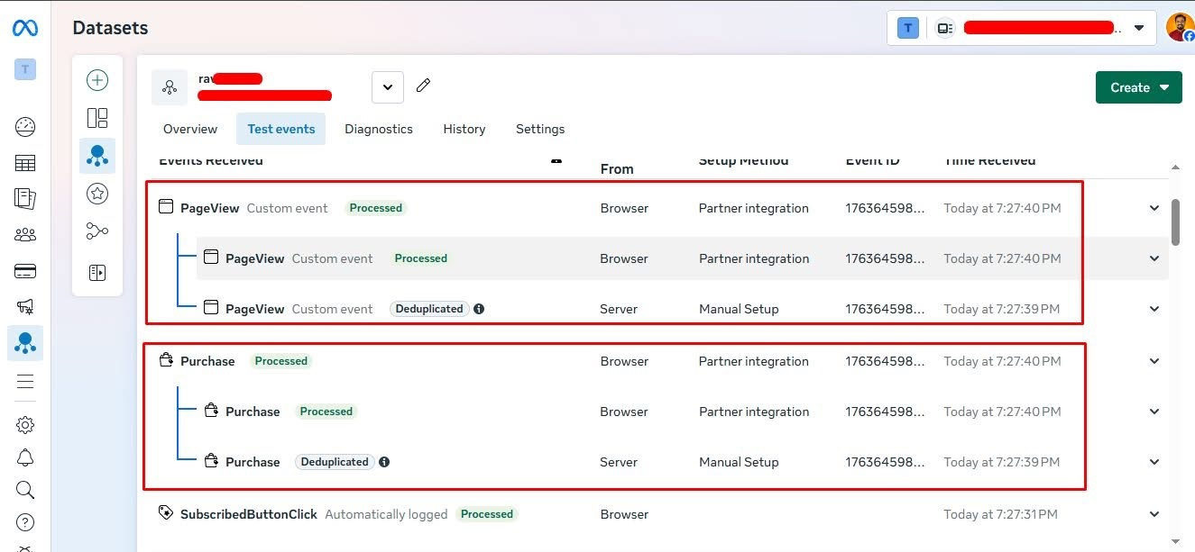 Browser and server events processed in Meta Events Manager